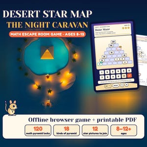 以下が含まれることがあります： 8歳から12歳向けの数学脱出ゲーム「Desert Star Map The Night Caravan」。Dune Mazeピラミッドパズルを備えたオフラインブラウザゲームと印刷可能なPDFが含まれています。120個の数学ピラミッドロック、18種類のピラミッド、12個の星をつなぐパズルが特徴です。