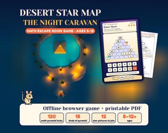 Math Escape Room Game for Kids 8-12, Desert Star Map, Browser + Printable PDF