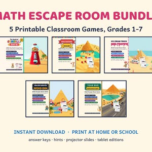 Puede incluir: Un paquete digital de juegos de escape matemáticos con cinco juegos imprimibles para los grados 1-7. El conjunto incluye temas como conteo de chicles, festival de cometas, camión de helados, montaña rusa y avería de autobús turístico.