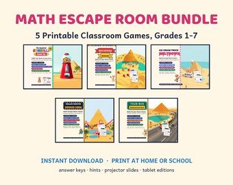 Ensemble de jeux d'évasion mathématiques pour les élèves du CP à la 6e, 5 jeux imprimables pour la classe