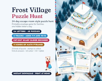 Búsqueda de rompecabezas en Frost Village, juego imprimible de cuenta regresiva de 24 días para diciembre para niños de 7 a 12 años.