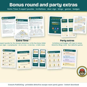 Bonus round and party extras: Extra Time with 5 expert puzzles, invitations, a door sign, bingo cards, games, name badges and posters