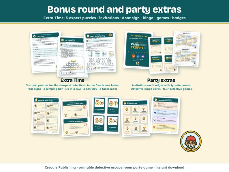 Bonus round and party extras: Extra Time with 5 expert puzzles, invitations, a door sign, bingo cards, games, name badges and posters