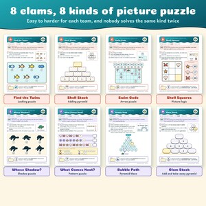 The 8 clam puzzles, 8 kinds of picture puzzle: Find the Twins, Shell Stack, Swim Code, Shell Squares, Whose Shadow?, What Comes Next?, Bubble Path and Clam Stack