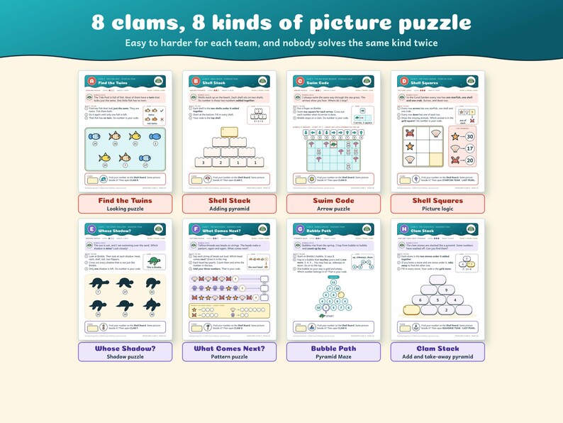 The 8 clam puzzles, 8 kinds of picture puzzle: Find the Twins, Shell Stack, Swim Code, Shell Squares, Whose Shadow?, What Comes Next?, Bubble Path and Clam Stack