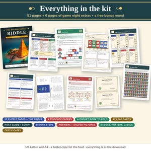 Everything in the kit: cover, plan of the Bindery, puzzle pages, evidence papers, 12 leaf cards, the Spine Shelf, the Pocket Guide sheet, hint cards and certificates