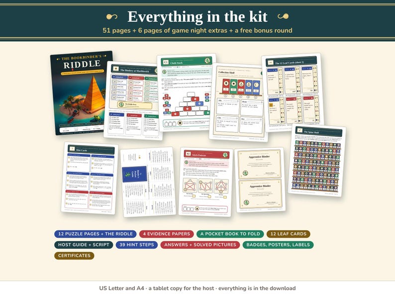 Everything in the kit: cover, plan of the Bindery, puzzle pages, evidence papers, 12 leaf cards, the Spine Shelf, the Pocket Guide sheet, hint cards and certificates