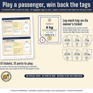 Tickets and tags: 12 tickets with a part to play and 12 luggage tags; a tag laid on its owner's ticket shows a digit through its cut corner