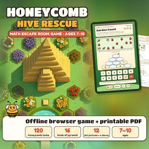 Math Escape Room Game for Kids 7-10, Honeycomb Hive Rescue, Browser + Printable PDF image 1