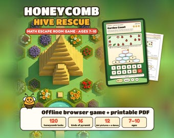 Math Escape Room Game for Kids 7-10, Honeycomb Hive Rescue, Browser + Printable PDF