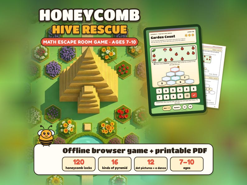 Math Escape Room Game for Kids 7-10, Honeycomb Hive Rescue, Browser + Printable PDF image 1