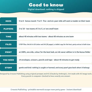 Good to know: ages 5 to 8, 2 to 10 players, about 40 minutes with two teams, 5 PDF files in US Letter and A4