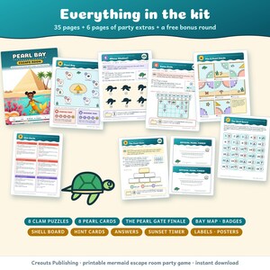 Everything in the kit: cover, bay map, puzzle pages, 8 pearl cards, the Shell Board, hint cards, the Pearl Gate and certificates