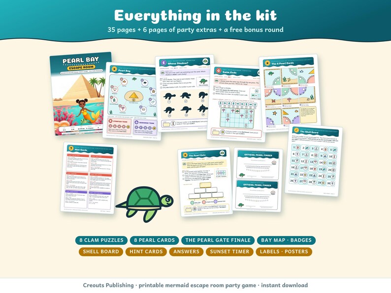 Everything in the kit: cover, bay map, puzzle pages, 8 pearl cards, the Shell Board, hint cards, the Pearl Gate and certificates