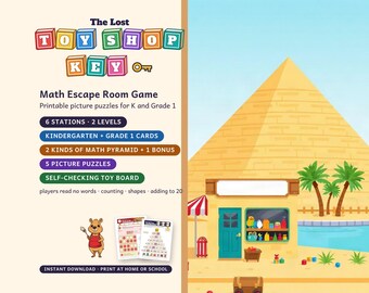 Math Escape Room for Kindergarten and 1st Grade, Lost Toy Shop Key, Printable Game