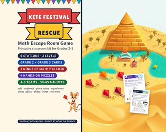 Math Escape Room for Grades 2-3, Kite Festival Rescue, Printable Classroom Game