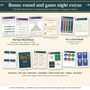 Bonus round and game night extras: the Rare Book Room with 5 expert puzzles, invitations, a door sign, bookmarks, bookplates, a notebook to sew, photo-booth signs, badges and posters