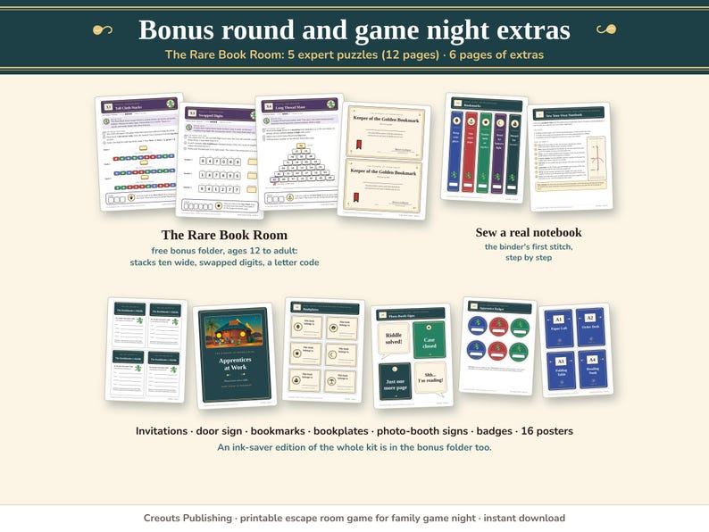 Bonus round and game night extras: the Rare Book Room with 5 expert puzzles, invitations, a door sign, bookmarks, bookplates, a notebook to sew, photo-booth signs, badges and posters
