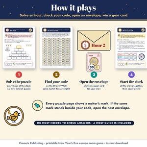 How it plays: solve the puzzle, find your code on the Drawer Wall, open the envelope and win a gear card, then start the Grand Clock together