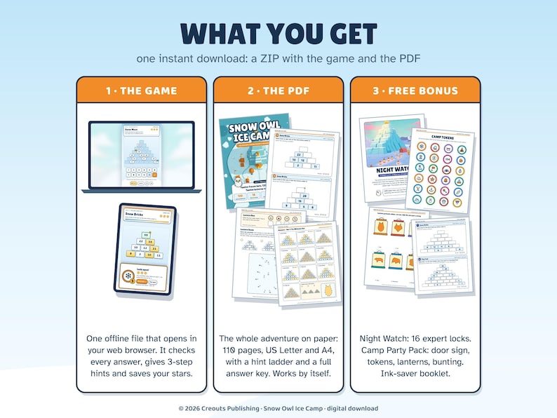 Snow Owl Ice Camp, Math Escape Room for Kids 8-12, Browser Game + Printable PDF image 2