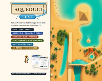 Puede incluir: Un juego de escape matemático de números romanos titulado The Aqueduct Leak para grados 3-5. El kit incluye 6 estaciones, 2 niveles, 3 tipos de pirámides matemáticas, una final de compuertas de agua, un castor y hojas de juego.