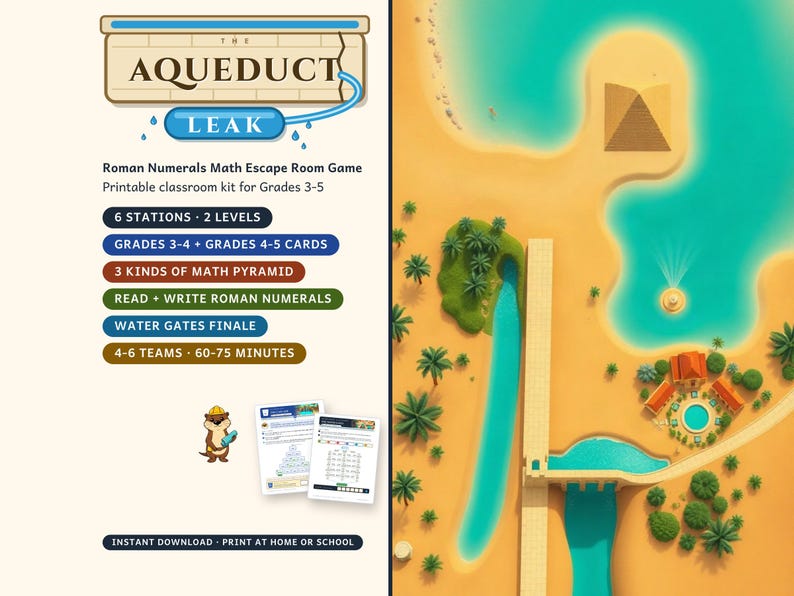 Roman Numerals Escape Room Grades 3-5, The Aqueduct Leak, Printable Math Game image 1