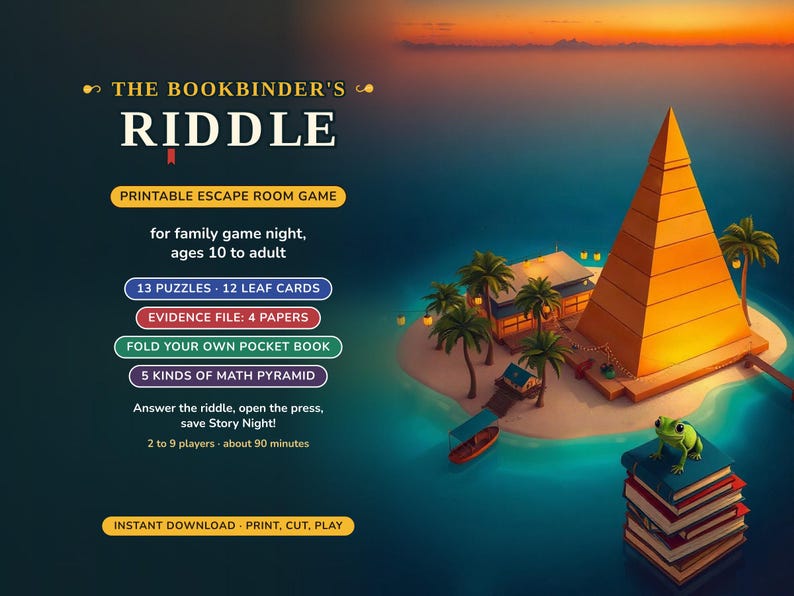 The Bookbinder's Riddle, a printable escape room game for family game night: a golden pyramid with a sharp pointed top on a small island seen from above, with cloth-bound books and a green gecko