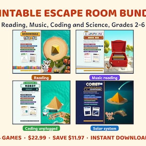 Puede incluir: Un paquete de juegos de escape imprimibles para los grados 2-6, que abarca lectura, música, codificación y ciencia. La imagen muestra los títulos de los juegos Bookmobile, Music Box, Robot Reboot y Comet Watch Countdown.