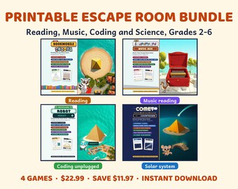 Op de afbeelding: Een printbaar escape room pakket met vier educatieve spellen voor groep 4 tot en met 8, over lezen, muziek, coderen en wetenschap. De afbeelding toont de speltitels Bookmobile, Music Box, Robot Reboot en Comet Watch Countdown.