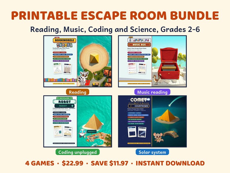 Printable Escape Room Bundle Grades 2-6, Reading, Music, Coding, Science Classroom Games image 1