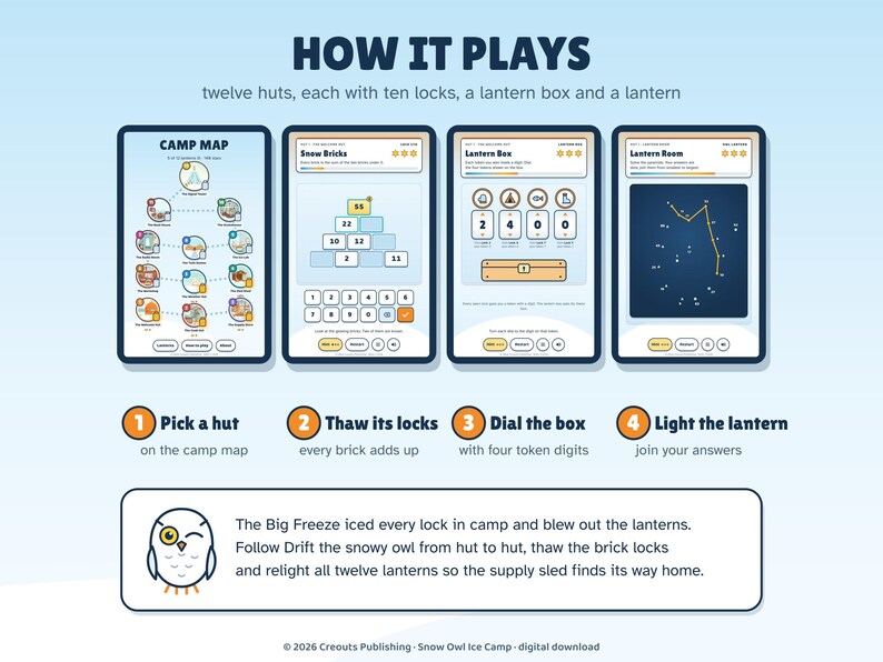 Snow Owl Ice Camp, Math Escape Room for Kids 8-12, Browser Game + Printable PDF image 3