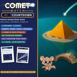 Puede incluir: Un juego de escape científico imprimible titulado Comet Watch Countdown. El gráfico azul oscuro muestra una pirámide amarilla, un ratón de dibujos animados con un telescopio y texto que detalla 6 estaciones y 2 niveles.