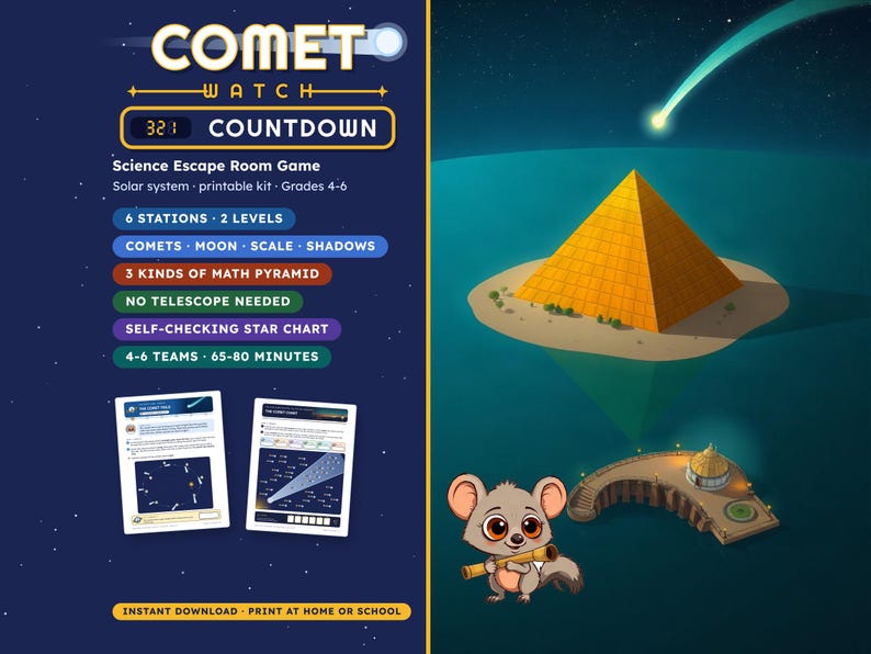Solar System Escape Room for Grades 4-6, Comet Watch Countdown, Printable Science Game image 1