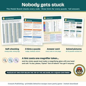 Nobody gets stuck: the self-checking Medal Board, three hints for every puzzle, an answer card and solved pictures