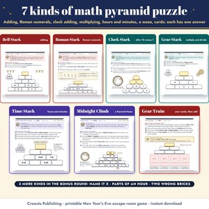 The 7 kinds of math pyramid puzzle: Bell Stack, Roman Stack, Clock Stack, Gear Stack, Time Stack, Midnight Climb and the Gear Train