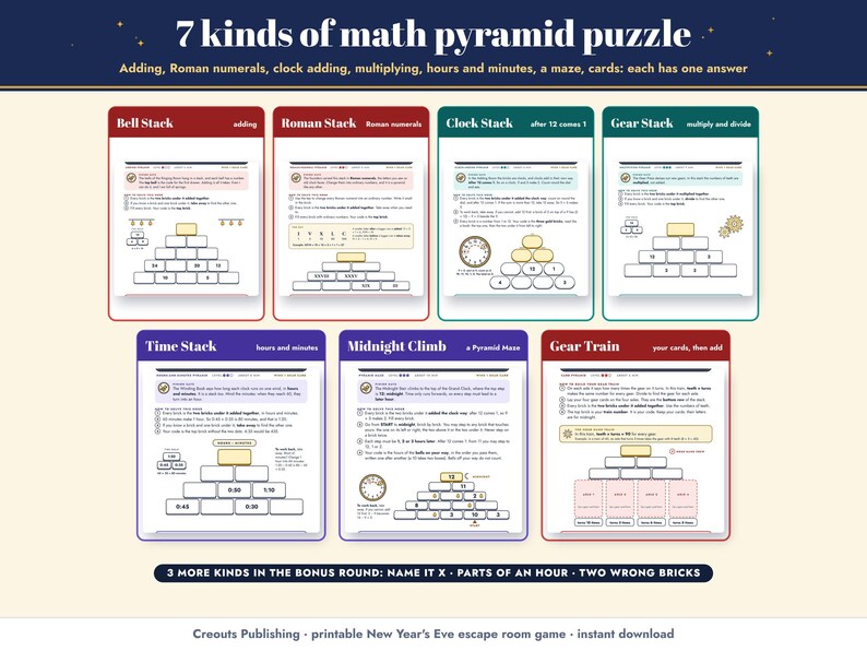 The 7 kinds of math pyramid puzzle: Bell Stack, Roman Stack, Clock Stack, Gear Stack, Time Stack, Midnight Climb and the Gear Train
