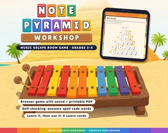 May include: A colorful xylophone with two mallets sits below a tablet displaying a Note Pyramid music game. The text reads Note Pyramid Workshop, Music Escape Room Game, Grades 3-5, Browser game with sound + printable PDF, Self-checking: answers spell code words, and Learn it, then use it: 8 Learn cards.