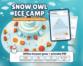 Snow Owl Ice Camp, Escape Room matemático para niños de 8 a 12 años, juego para navegador + PDF imprimible