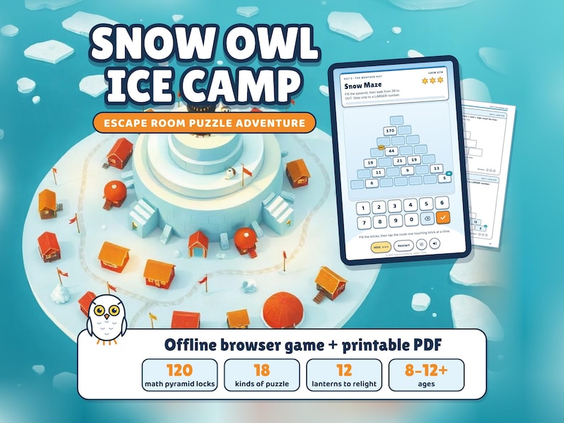Snow Owl Ice Camp, Math Escape Room for Kids 8-12, Browser Game + Printable PDF image 1