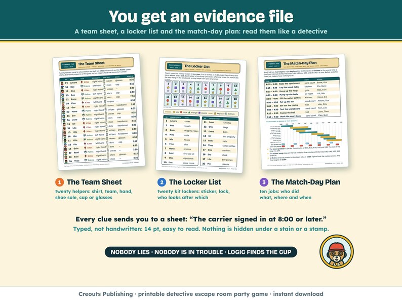 The evidence file: a Team Sheet of twenty helpers, a Locker List of twenty lockers and a Match-Day Plan to read like a detective