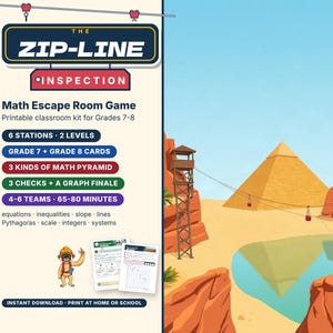 Math Escape Room for Grades 7-8, The Zip-Line Inspection, Printable Algebra Game image 1