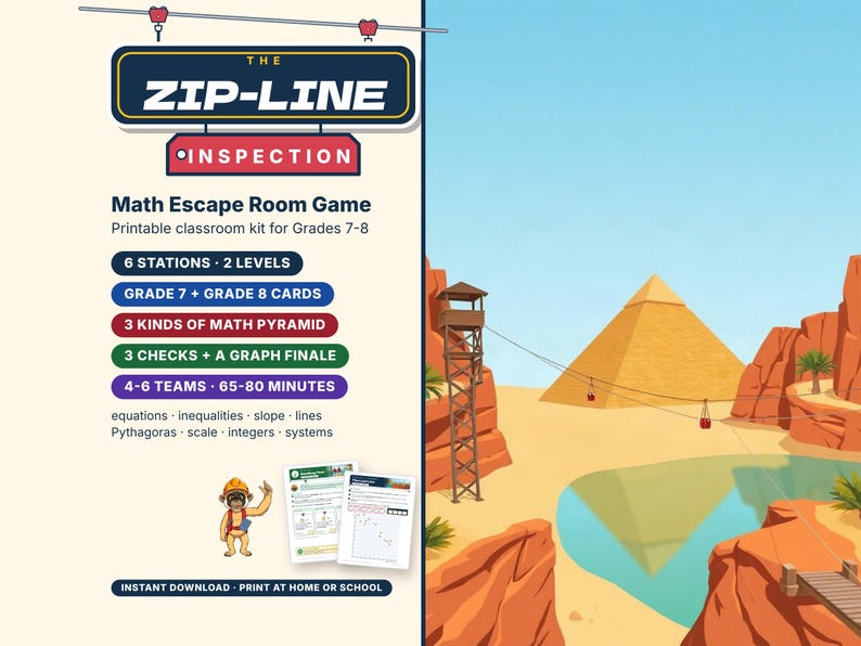 Math Escape Room for Grades 7-8, The Zip-Line Inspection, Printable Algebra Game image 1
