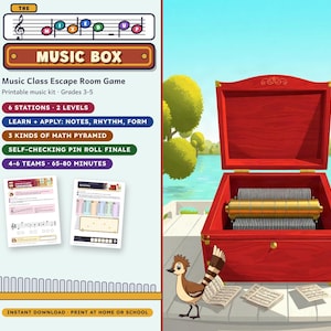 Puede incluir: Un juego de escape para clase de música titulado The Mixed Up Music Box. Incluye 6 estaciones, 2 niveles, pirámides matemáticas y un final. Ilustración de una caja de música de madera roja con una llave dorada y un pájaro en un muelle.