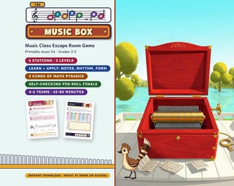 May include: A printable music class escape room game titled The Mixed Up Music Box. Includes 6 stations, 2 levels, math pyramids, and a pin roll finale. Features a red wooden music box illustration with a gold key and a bird on a dock.