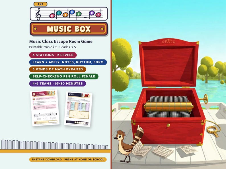Escape Room Game for Grades 3-5, The Mixed-Up Music Box, Printable Note Reading Activity image 1