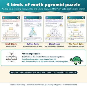 The 4 kinds of math pyramid puzzle: Shell Stack, Bubble Path, Clam Stack and The Pearl Gate, all within 20