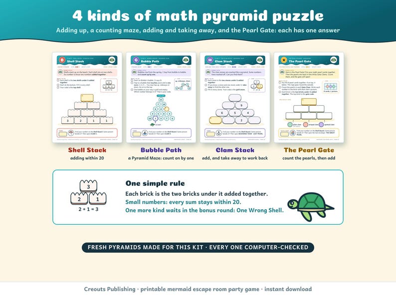 The 4 kinds of math pyramid puzzle: Shell Stack, Bubble Path, Clam Stack and The Pearl Gate, all within 20