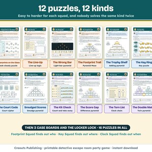 The 12 evidence puzzles, 12 kinds of puzzle, from Fingerprints on the Glass and The Line-Up to The Torn List and The Double Match
