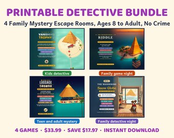 Op de afbeelding: Een printbare detectivebundel met vier mystery escape room-spellen voor het gezin vanaf 8 jaar. De set bevat The Vanishing Trophy, The Bookbinder Riddle, Midnight Luggage en The Wandering Snow Globe, allemaal zonder misdaadthema's.