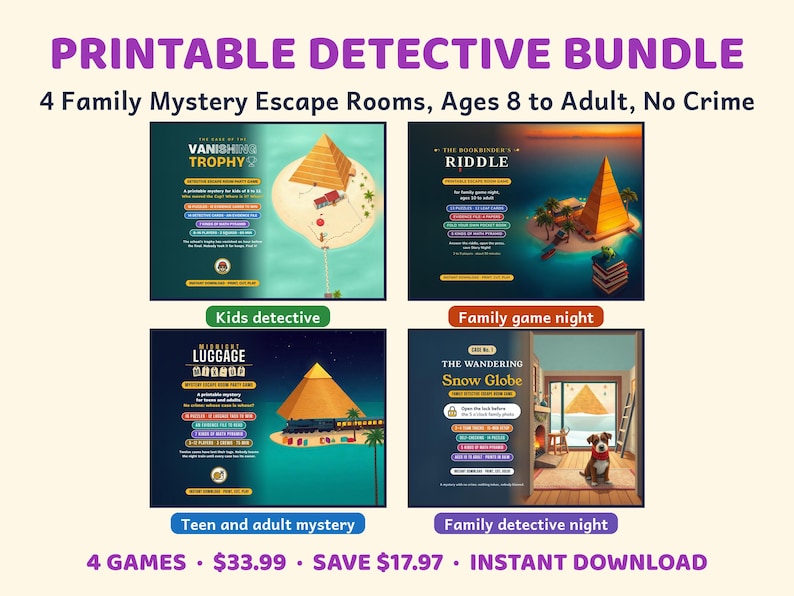 Printable Detective Escape Room Bundle, Family Mystery Games, Ages 8 to Adult, No Crime image 1